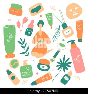 Big beauty set. Skin care and beauty signs, spa salon and self-care icons. Vector flat hand drawn illustration Stock Vector