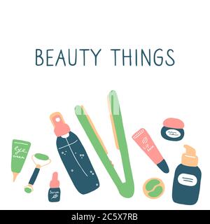 Beauty things. Products, cosmetics, tools devices for beauty. Skin, body and hair care. Vector flat illustration Stock Vector