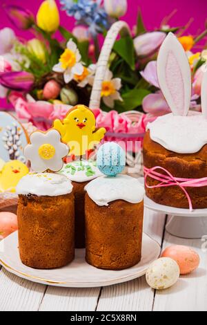 Close-up small Easter breads with cute decoration on top Stock Photo