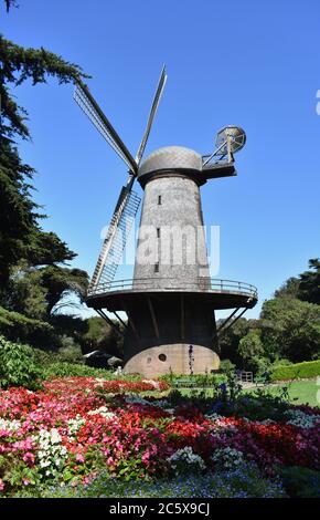 The North Dutch Windmill surrounded by Queen Wilhelmina Garden with flowers, trees and blue sky in the Golden Gate Park, San Francisco, California. Stock Photo