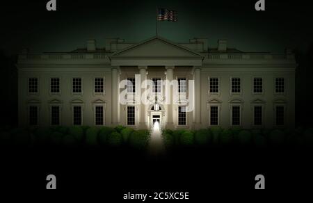 Night view of the north side of the White House, with primary light coming from the porch light. 3D Illustration Stock Photo