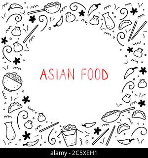 Hand drawn set of Asian food elements, wok, ramen, noodle, soy. Doodle sketch style. Asian food element drawn by digital pen. Vector illustration for menu, frame, recipe design. Stock Vector