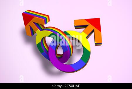 Two linked male symbols colored gay pride flag, pride day. alliance concept Stock Photo