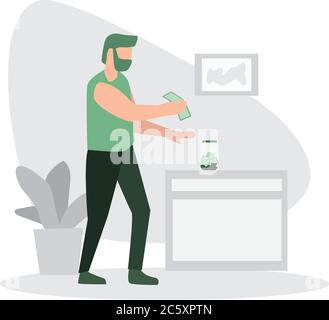 Man saving money at home in glass jar Stock Vector