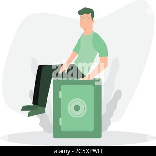 character stand near safety safe deposit box.  Stock Vector