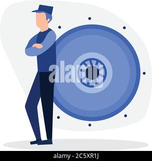 Mechanic at work. Wheel and tire of car. Technical work. Repair and service. Man in blue jumpsuit. Stock Vector