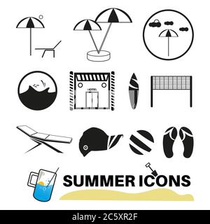 Summer Icons with White Background. Black and white icons. Stock Vector