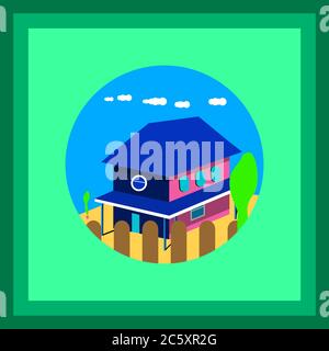 Vector illustrations of house, fence, cloud and tree in the middle of the circle on green background. Stock Vector