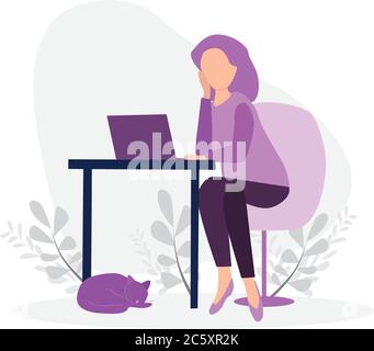 Girl working on laptop at home office Stock Vector