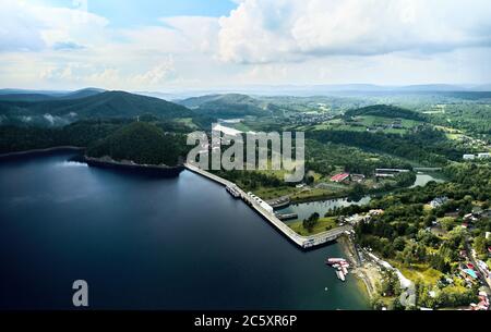 The Solina Dam - largest dam in Poland located on lake Solina. Hydroelectric power plant in Solina, Bieszczady Mountains. Stock Photo