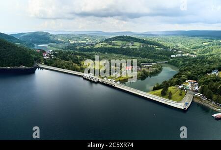 The Solina Dam - largest dam in Poland located on lake Solina. Hydroelectric power plant in Solina, Bieszczady Mountains. Stock Photo