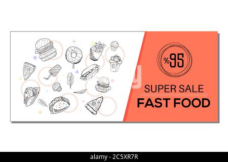 Hamburger, pizza, pepper, french fries, chicken fries, donut, cake, sandwich. Fast food on the white background. 95% advertisement poster design. Stock Vector