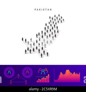 Pakistan people map. Detailed vector silhouette. Mixed crowd of men and women icons. Population infographic elements. Vector illustration isolated on Stock Vector