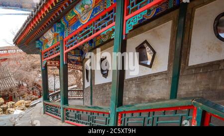Beijing, China - Jan 11 2020: The Long Corrridor is a part of arichitecture complex of Yongan temple, based on the corridor in JiangTian temple in Zhe Stock Photo