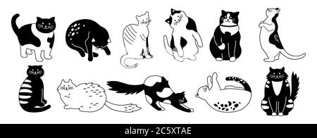 Cat character collection. Bundle cute flat cartoon design pet set. Different kitty breeds. Funny cats sitting, sleeping. Monochrome hand drawn animals contour lines. Isolated vector illustration Stock Vector