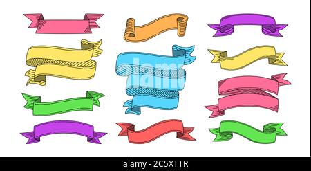 Ribbon hand drawn set. Design different color ribbons sketch collection. Tape blank for greeting cards, grunge banners or invitations. Web icon kit of text banner tapes. Isolated vector illustration Stock Vector