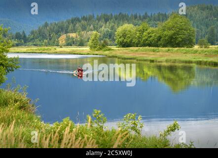 Pitt Meadows, British Columbia, Canada – July 4, 2020. Alouette River Paddle. Tranquil canoe trip on the Alouette River in Pitt Meadows. Stock Photo