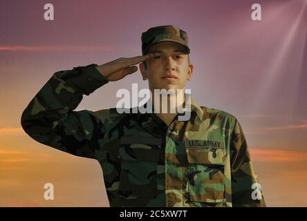 portrait of American soldier saluting on us flag background Stock Photo ...
