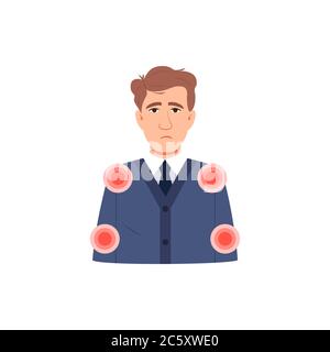 Young sick man has muscle pain symptom. Flat character icon isolated on white. Infected sick person with body aches. Arms joint shoulder, elbow pain. Stock Vector