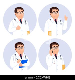 Doctor icon set in circles on white background. Young male physician in uniform with ok gesture warning, makes prescription mobile phone consultation. Stock Vector