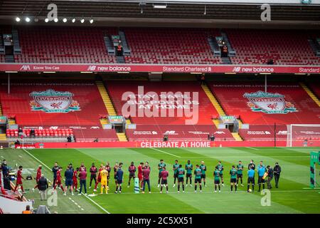 Liverpool. 6th July, 2020. Aston Villa players give the Liverpool team a guard of honour before the Premier League match between Liverpool and Aston Villa at Anfield in Liverpool, Britain on July 5, 2020.FOR EDITORIAL USE ONLY. NOT FOR SALE FOR MARKETING OR ADVERTISING CAMPAIGNS. NO USE WITH UNAUTHORIZED AUDIO, VIDEO, DATA, FIXTURE LISTS, CLUB/LEAGUE LOGOS OR 'LIVE' SERVICES. ONLINE IN-MATCH USE LIMITED TO 45 IMAGES, NO VIDEO EMULATION. NO USE IN BETTING, GAMES OR SINGLE CLUB/LEAGUE/PLAYER PUBLICATIONS. Credit: Xinhua/Alamy Live News