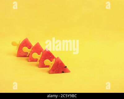 Watermelon slices on an ice cream stick on an yelloow background. Creative idea Stock Photo
