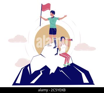 Disabled people conquering mountain peak, vector flat illustration Stock Vector