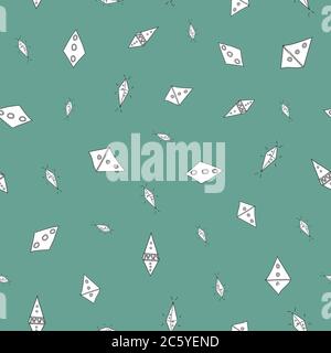Scattered Shields Doodle Pattern Filled Diamond shape on teal green background Seamless pattern Vector hand drawn illustration surface design Stock Vector