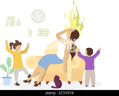 Desperate stressed mother with her kids, vector flat illustration Stock Vector