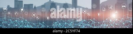 Smart City IOT Concept. Wallpaper for your site. Panoramic Banner. Stock Photo
