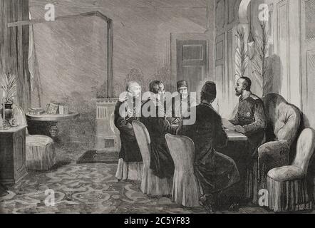 Guerra ruso-turca (1877-1878), llamada'Guerra de Oriente'. Rusia quería conseguir acceso al Mar Mediterráneo y liberar a los pueblos eslavos de la Península Balcánica bajo control otomano. Adrianópolis. Conferencia para pactar el armisticio y los preliminares de la paz, celebrada el 31 de enero de 1878. El general Nepokajtchitsky (al fondo, izquierda), el General Nelidow (sentado, izquierda), Server Pachá (al fondo, de frente), Namyk Pachá (de espaldas) y el Gran Duque Nicolás (derecha). Grabado por Rico. La Ilustración Española y Americana,1878. Stock Photo