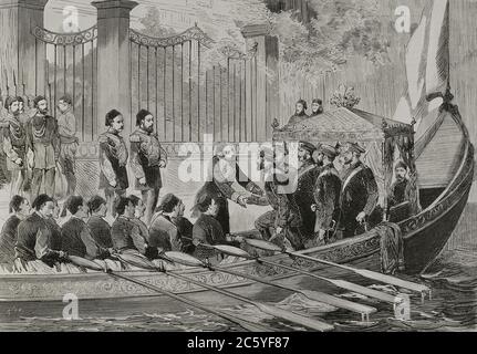 Guerra ruso-turca (1877-1878), también llamada Guerra de Oriente. Los generales Ahmed Vefyk Pacha y Reouf Pacha reciben al Gran Duque Nicolás Nikolaevich de Rusia (1831-1891) en el Palacio de Dolma-Bagtche, el 26 de marzo de 1878, para asistir a la primera entrevista con el sultán de Turquía Abdul-Hamid II (1842-1918). Grabado por Rico. La Ilustración Española y Americana,1878. Stock Photo