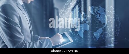 Modern server room supercomputers. Worldwide Concept of digital earth future. Stock Photo