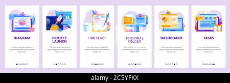 Project management website and mobile app onboarding screens vector template Stock Vector