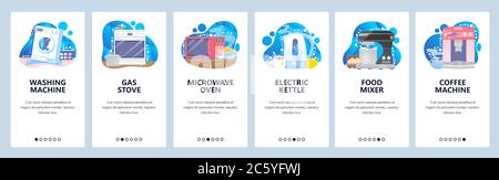 Kitchen and home appliances. Mobile app onboarding screens, vector website banner template Stock Vector