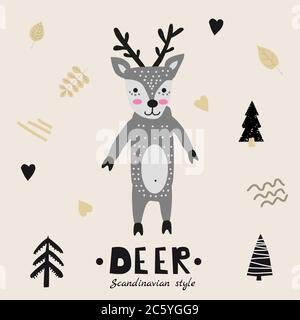 Deer cute funny character. Childish vector illustration in scandinavian style Stock Vector