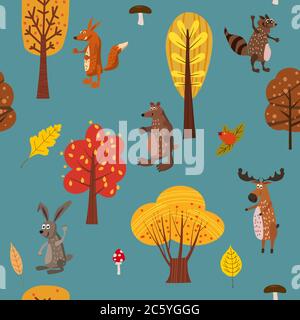 Autumn forest cute animals seamless pattern with trees leaves Stock Vector