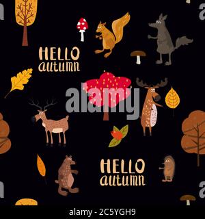 Autumn forest cute animals seamless pattern with trees leaves Stock Vector