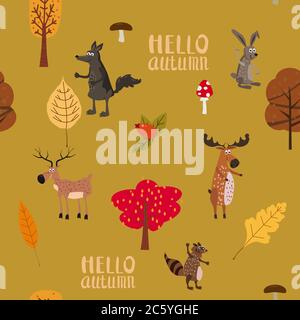 Autumn forest cute animals seamless pattern with trees leaves Stock Vector