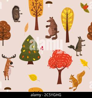 Autumn forest cute animals seamless pattern with trees leaves Stock Vector
