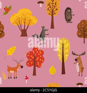 Autumn forest cute animals seamless pattern with trees leaves Stock Vector