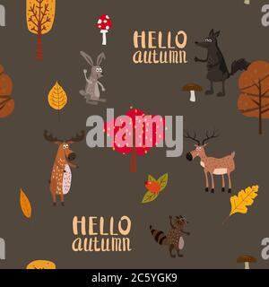 Autumn forest cute animals seamless pattern with trees leaves Stock Vector