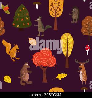 Autumn forest cute animals seamless pattern with trees leaves Stock Vector