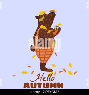 Cute autumn bear covered in fallen autumn leaves with a cup of coffee, Hello Autumn, fall Stock Vector