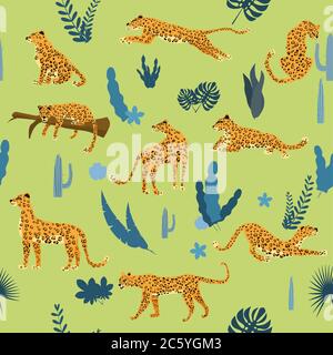 Seamless pattern with leopards in different poses with tropical leaves, plants, mammal, predator, jungle Stock Vector
