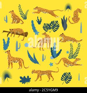 Set of leopards in various poses, plants, flowers, exotic, graphic cute trend style, mammal predator, jungle Stock Vector