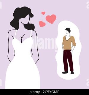 woman in doubt thinks of man in love, man inside the thought bubble vector illustration design Stock Vector