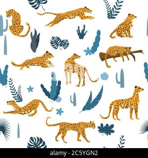 Seamless pattern with leopards in different poses with tropical leaves, plants, mammal, predator, jungle Stock Vector