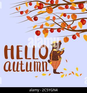 Cute autumn bear covered in fallen autumn leaves with a cup of coffee, Hello Autumn lettering, fall under apple tree Stock Vector