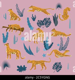 Set of leopards in various poses, plants, flowers, exotic, graphic cute trend style, mammal predator, jungle Stock Vector